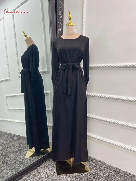 Silky Flare Sleeve Muslim Dress - Abaya Robe silky-flare-sleeve-muslim-dress-abaya-robe-7421076