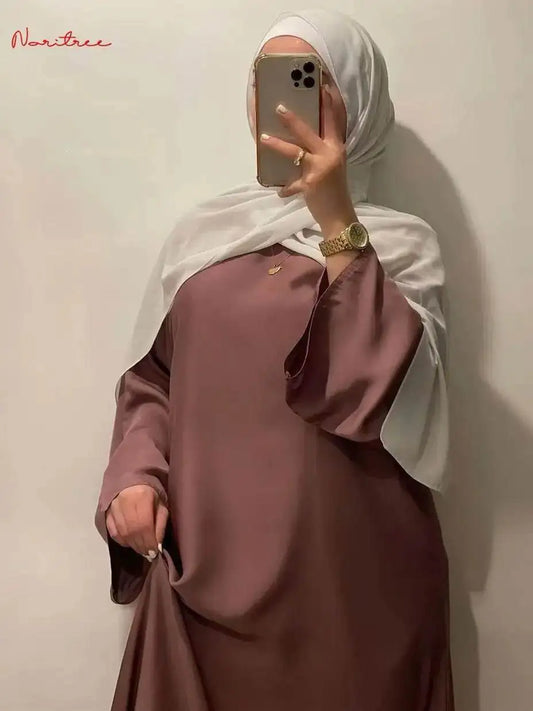 Silky Flare Sleeve Muslim Dress - Abaya Robe silky-flare-sleeve-muslim-dress-abaya-robe-4801805