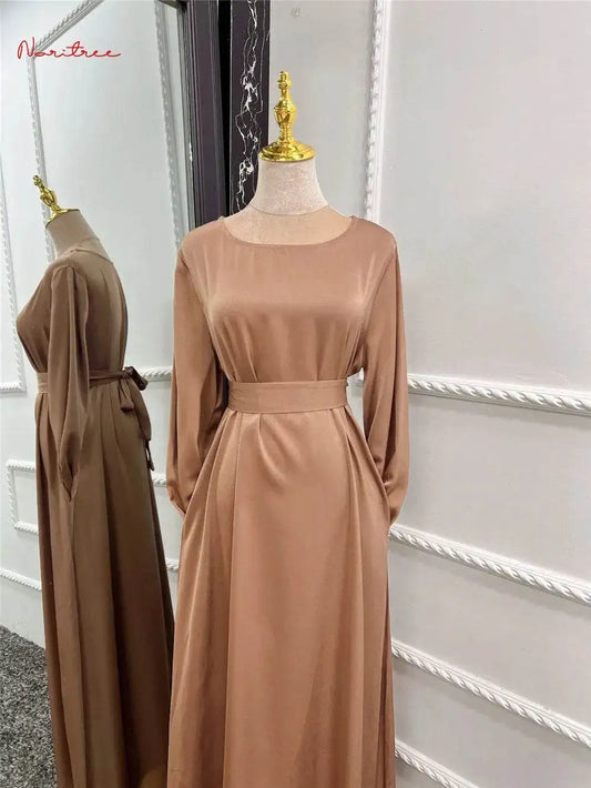 Silky Flare Sleeve Muslim Dress - Abaya Robe silky-flare-sleeve-muslim-dress-abaya-robe-3504814