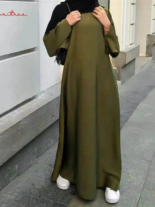 Silky Flare Sleeve Muslim Dress - Abaya Robe silky-flare-sleeve-muslim-dress-abaya-robe-4985133