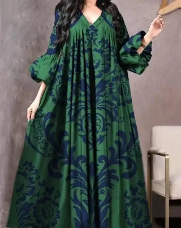 Vintage Printed Dress Women Breathable Loose Middle Eastern Robe Casual Long Sleeve Abaya V - neck Loose Muslim Abayas for Women - Fabaya UK Vintage Printed Dress Women Breathable Loose Middle Eastern Robe Casual Long Sleeve Abaya V - neck Loose Muslim Abayas for Women Sf14bb6fe907e46b3a974ec898a2e80eae